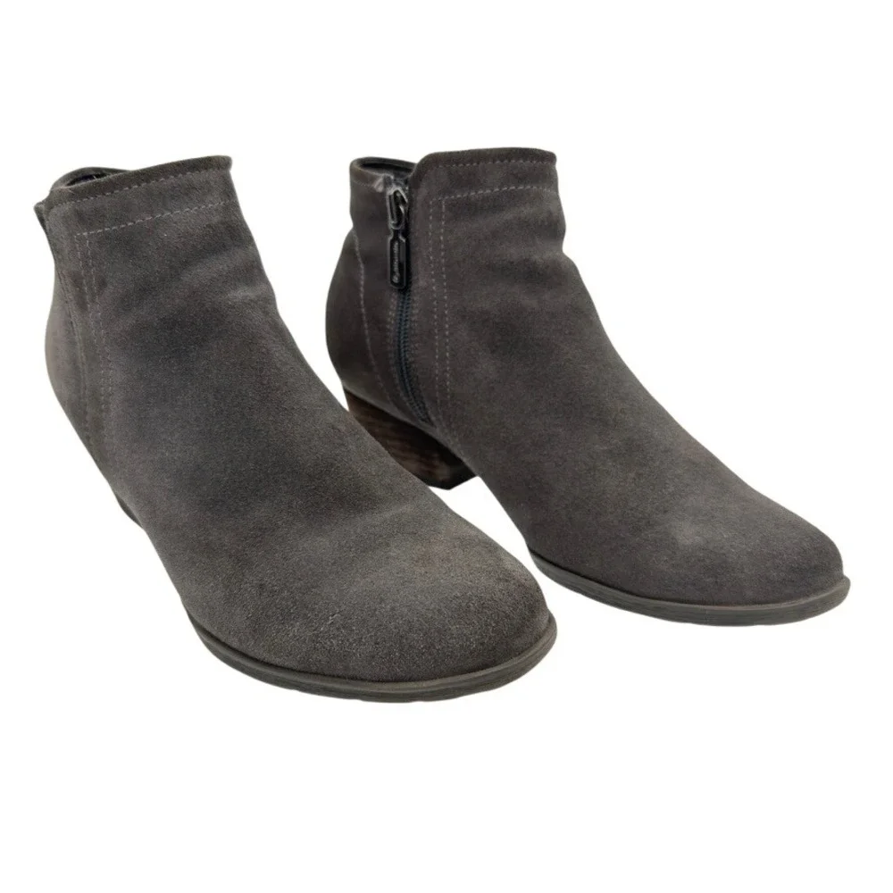 Blondo Waterproof Suede Ankle Boots Women's Size 7 Dark Gray Side Zip Block Heel